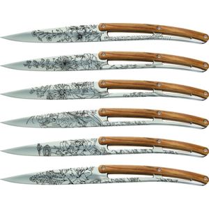 Deejo sada 6 stealpvácj nožov, lesklý povrch, olivové drevo, design "kvety" 2AB010